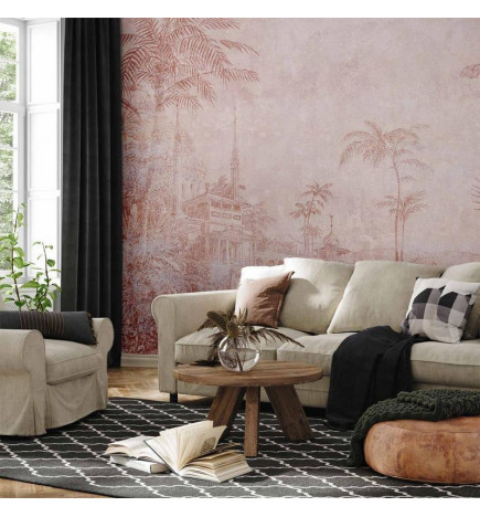 Wall Mural - Landscape with temple - engraving of Indian architecture with palm trees