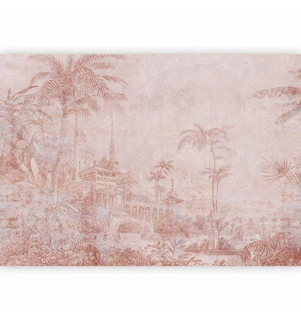 Carta da parati - Landscape with temple - engraving of Indian architecture with palm trees