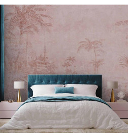 Carta da parati - Landscape with temple - engraving of Indian architecture with palm trees