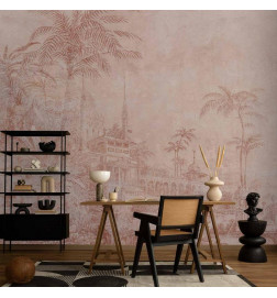 Mural de parede - Landscape with temple - engraving of Indian architecture with palm trees