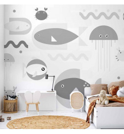 Wall Mural - Minimalist grey ocean - geometric fish in water for children