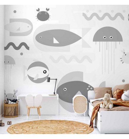 Fototapeta - Minimalist grey ocean - geometric fish in water for children