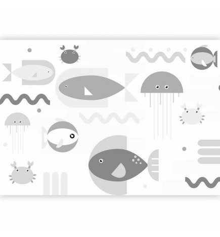Fototapeet - Minimalist grey ocean - geometric fish in water for children