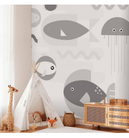 Fototapete - Minimalist grey ocean - geometric fish in water for children