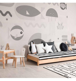 Foto tapete - Minimalist grey ocean - geometric fish in water for children