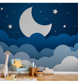Mural de parede - Moon dream - clouds on a dark blue sky with stars for children