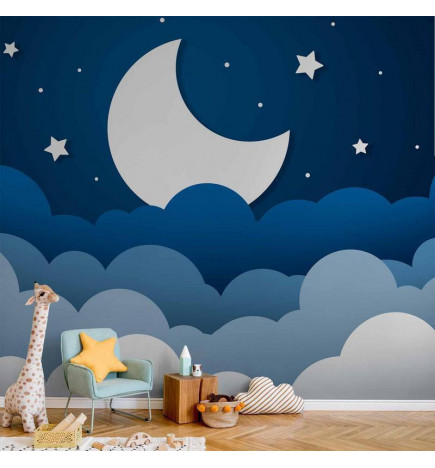 Fototapet - Moon dream - clouds on a dark blue sky with stars for children