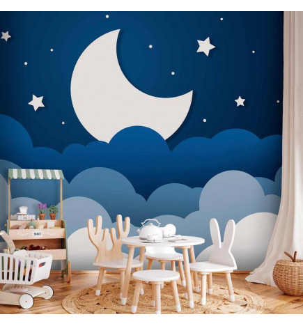 Mural de parede - Moon dream - clouds on a dark blue sky with stars for children