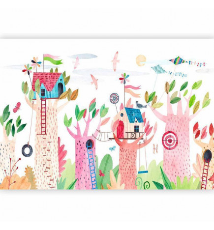 Fototapeet - Painted tree houses - a colourful fantasy with kites for children