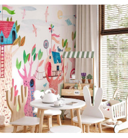 Mural de parede - Painted tree houses - a colourful fantasy with kites for children