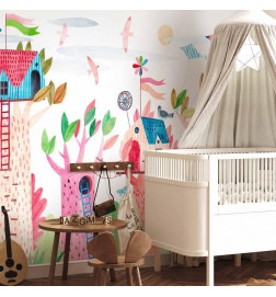 Fototapetas - Painted tree houses - a colourful fantasy with kites for children