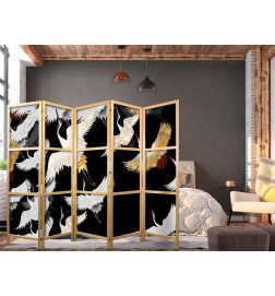 Japanilainen sermi - Cranes at Night - Golden-White Birds Flying Away on a Black Background