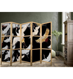 Japanilainen sermi - Cranes at Night - Golden-White Birds Flying Away on a Black Background