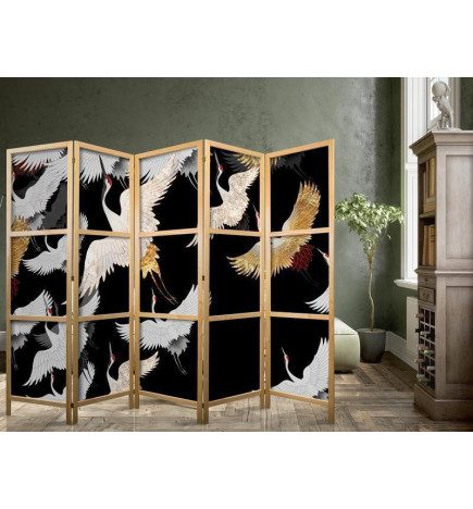 Japanischer Paravent - Cranes at Night - Golden-White Birds Flying Away on a Black Background