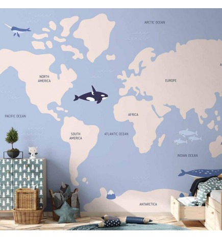 Wall Mural - Pastel Planet - Animals and Underwater Plants on a Map