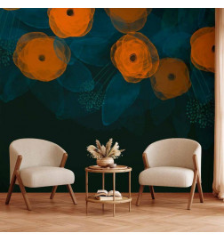 Mural de parede - Watercolour composition - orange patterns on a delicate leaf background