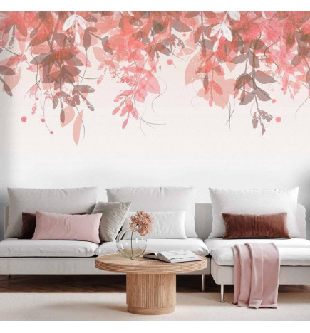 Fotomural - Under vegetation - hanging vines of pink leaves on a neutral background