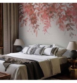 Wall Mural - Under vegetation - hanging vines of pink leaves on a neutral background