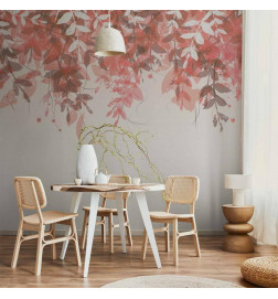 Papier peint - Under vegetation - hanging vines of pink leaves on a neutral background