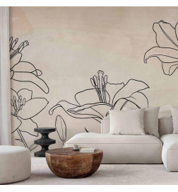 Wall Mural - Sketch of nature - minimalist lineart with lily flowers on a beige background