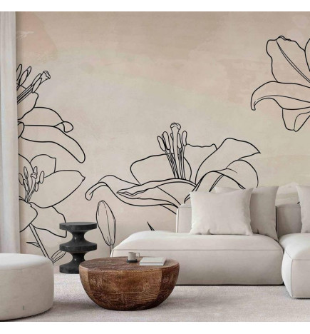 Papier peint - Sketch of nature - minimalist lineart with lily flowers on a beige background
