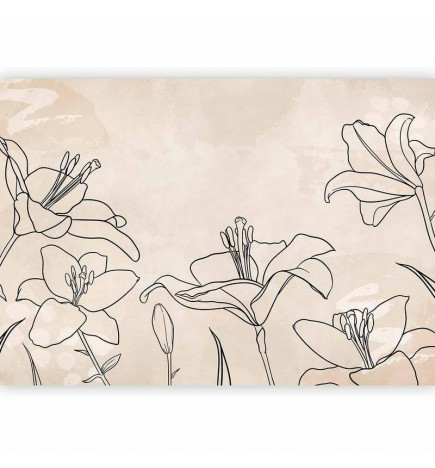 Fotomural - Sketch of nature - minimalist lineart with lily flowers on a beige background