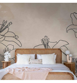 Fotobehang - Sketch of nature - minimalist lineart with lily flowers on a beige background