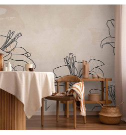 Papier peint - Sketch of nature - minimalist lineart with lily flowers on a beige background