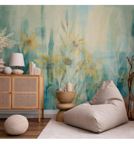 Papier peint - A touch of summer - floral motif with a meadow of flowers in blue tones