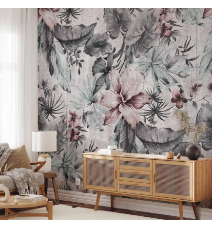 Mural de parede - Nature in retro style - landscape with leaves and flowers in grey tones