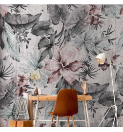 Fotomural - Nature in retro style - landscape with leaves and flowers in grey tones