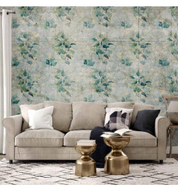 Fotomural - Mint tones - green leaf bouquets on a retro patterned background