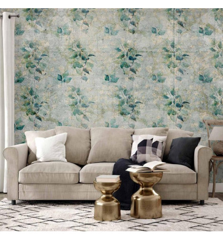 Carta da parati - Mint tones - green leaf bouquets on a retro patterned background