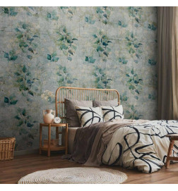 Fotomural - Mint tones - green leaf bouquets on a retro patterned background