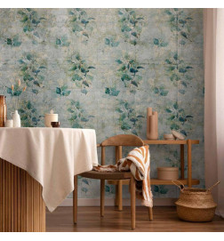 Foto tapete - Mint tones - green leaf bouquets on a retro patterned background