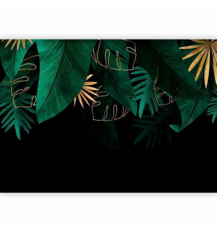 Fototapeet - Jungle and composition - motif of green and golden leaves on a black background