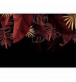 Mural de parede - Jungle and composition - red and gold leaf motif on black background