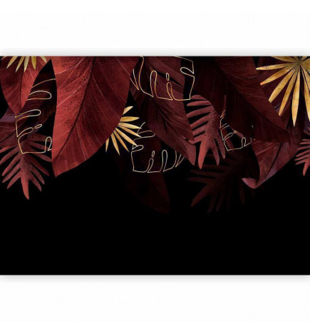 Wall Mural - Jungle and composition - red and gold leaf motif on black background