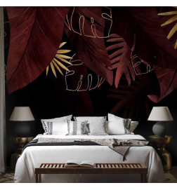 Carta da parati - Jungle and composition - red and gold leaf motif on black background