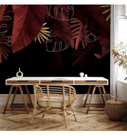 Fototapetti - Jungle and composition - red and gold leaf motif on black background