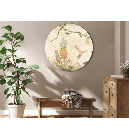 Round Canvas Print - Tropics in muted colors - Parrots and pineapples amidst lush exotic flora in soft shades of green