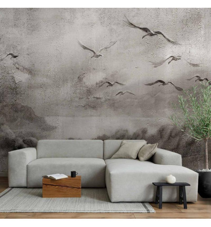 Wall Mural - Swan flight - abstract landscape of birds over a lake with texture