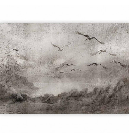 Wall Mural - Swan flight - abstract landscape of birds over a lake with texture