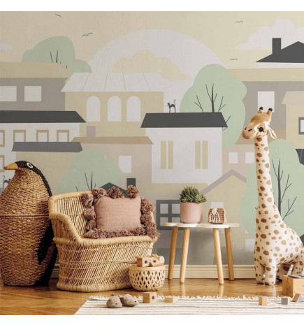 Fotobehang - Yellow town - city suburb with trees and cats for children
