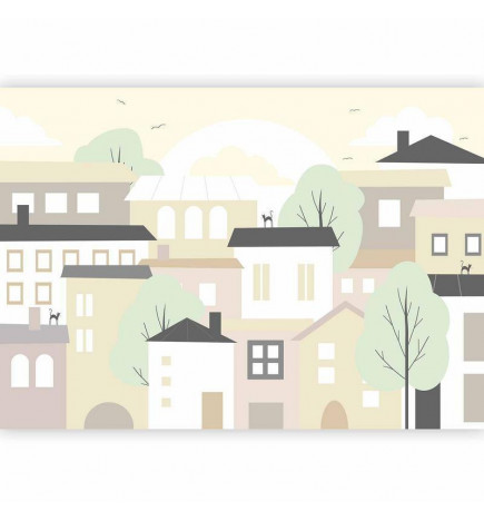 Fototapetti - Yellow town - city suburb with trees and cats for children