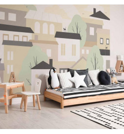 Papier peint - Yellow town - city suburb with trees and cats for children