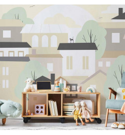 Fotobehang - Yellow town - city suburb with trees and cats for children