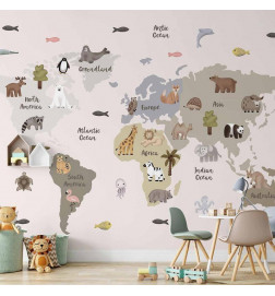 Fototapetti - Pastel Map - Animals and Continents for Childrens Room