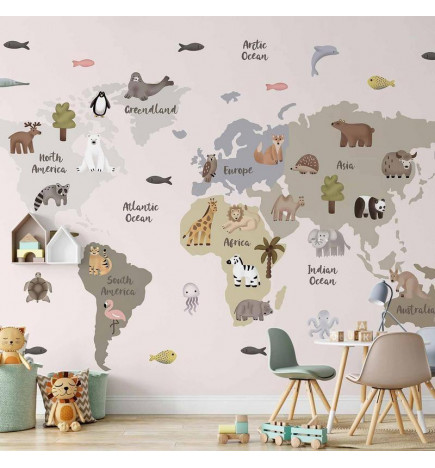 Fototapetas - Pastel Map - Animals and Continents for Childrens Room