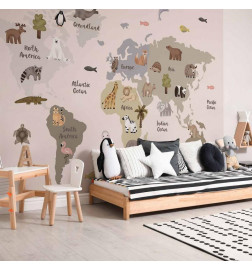 Wall Mural - Pastel Map - Animals and Continents for Childrens Room